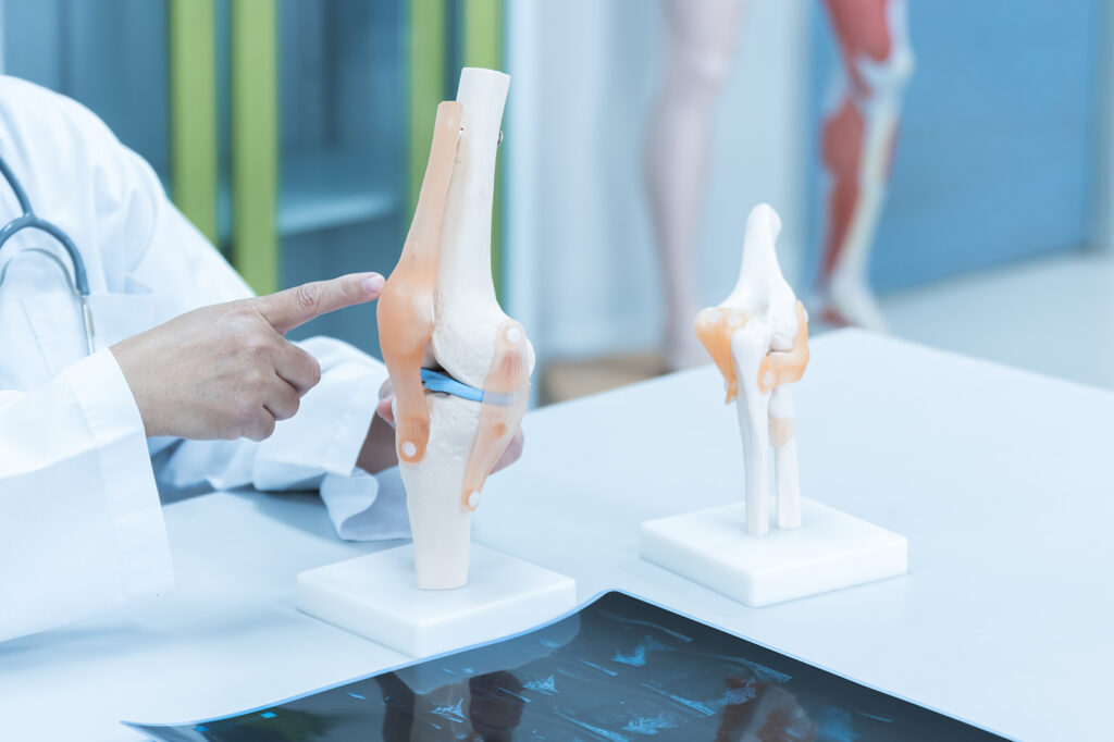 A medical professional referring to the anatomy of a knee in a clinical setting